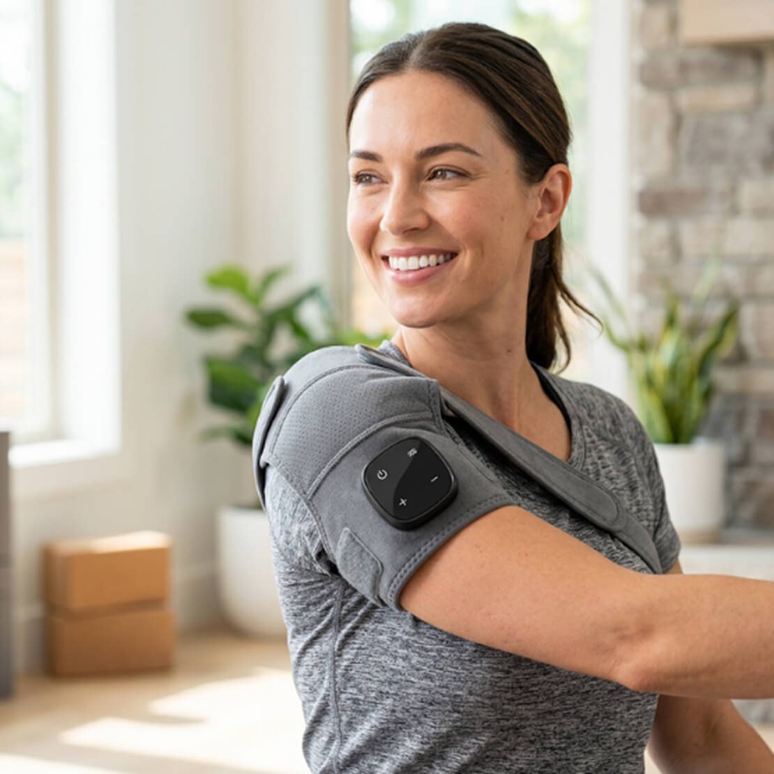 Smiling woman at home wearing the Vital Shoulder Massager wrap